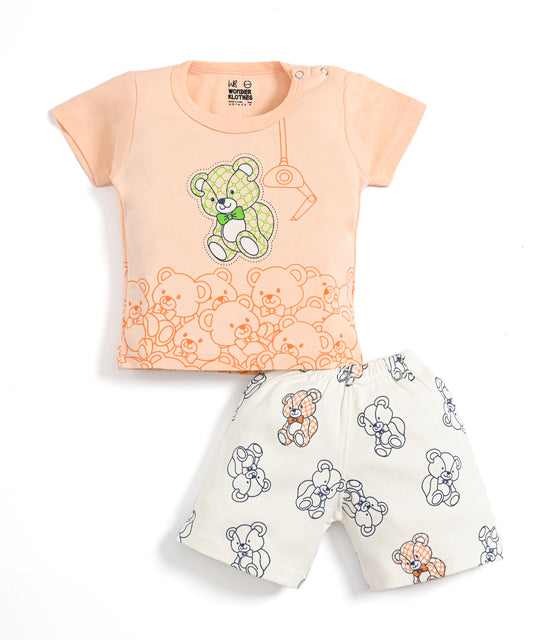 Teddy Bear Half Sleeves Shoulder Open T-Shirt & Half Pant Set | Orange