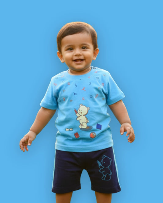 Teddy Alphabet Half Sleeves T-Shirt & Half Pant Set | Blue
