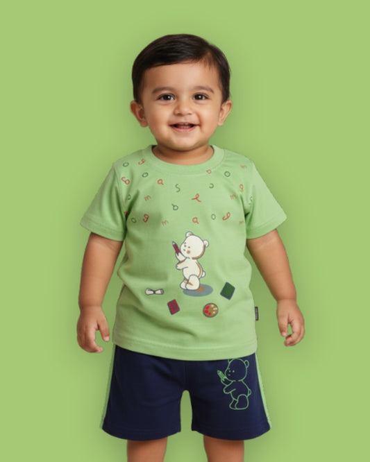 Teddy Alphabet Half Sleeves T-Shirt & Half Pant Set | Green