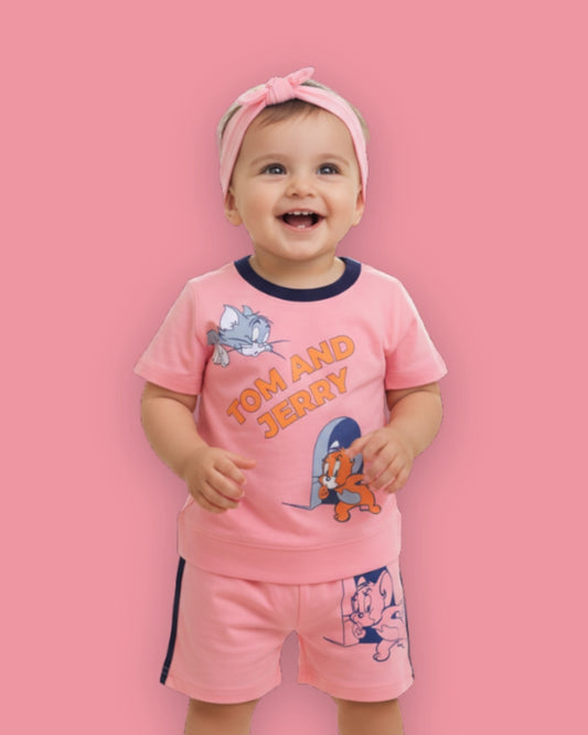 Tom and Jerry Half Sleeves T-Shirt & Half Pant Set | Pink