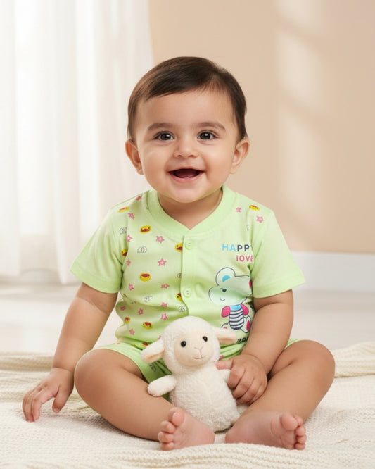 Happy Bear Half Sleeves Front Open T-Shirt & Half Pant Set | Green