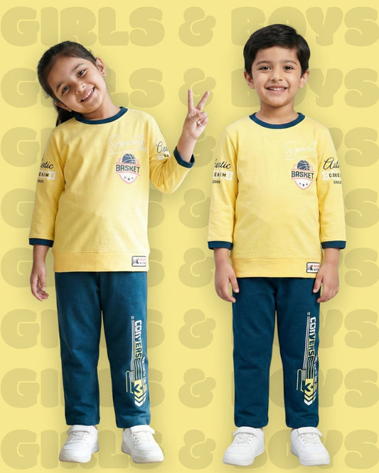 Sports Basket Full Sleeves Back Print T-Shirt and Pyjama Set | Yellow
