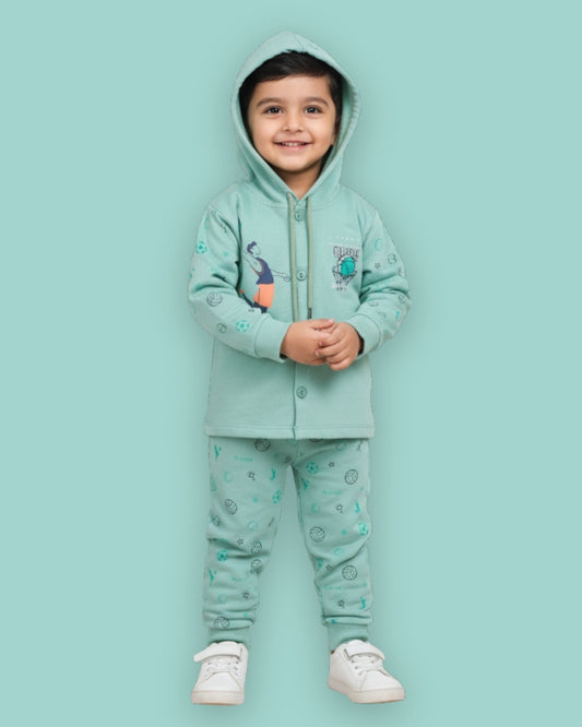 Basketball Full Sleeves Front Open Hooded Sweatshirt & Joggers Set | Green