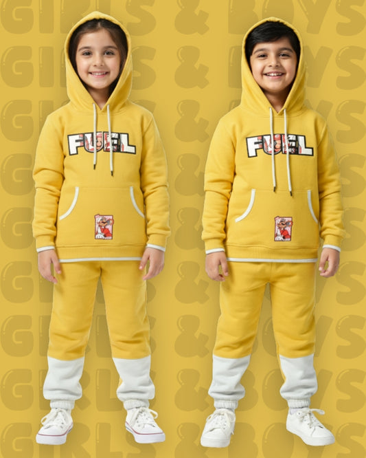 Fuel Mario Full Sleeves Hooded Sweatshirt with Pocket and Joggers Set | Yellow