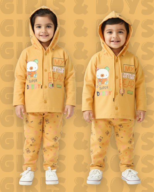 Little Bear Full Sleeves Front Open Hooded T-Shirt & Pyjama Set | Yellow
