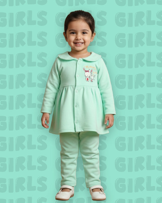 Mummy’s Cutie Full Sleeves Front Open Frock and Full Pant Set | Green