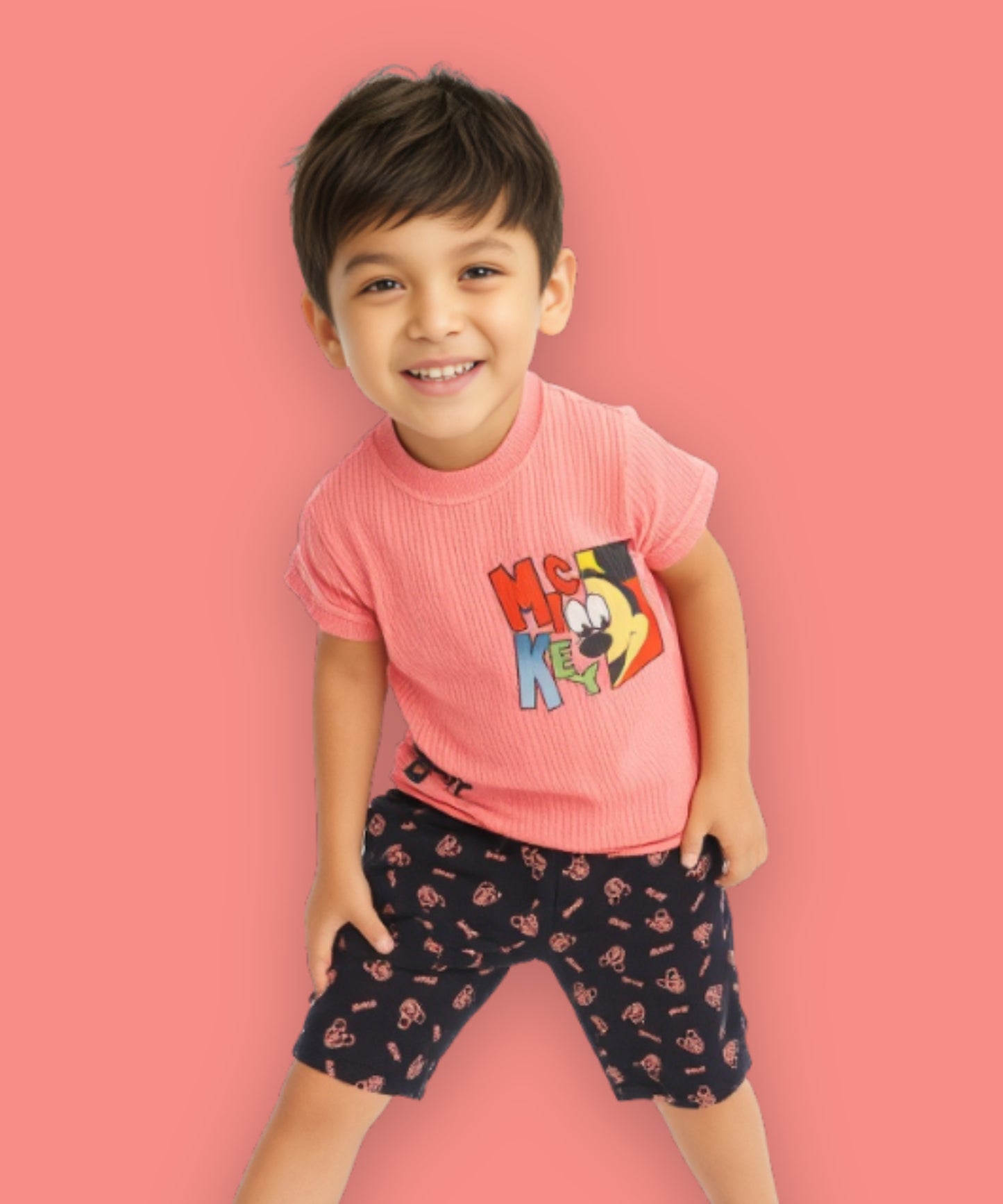 Mickey Half Sleeves T-Shirt & Shorts Set | Pink