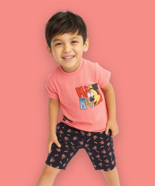 Mickey Half Sleeves T-Shirt & Shorts Set | Pink