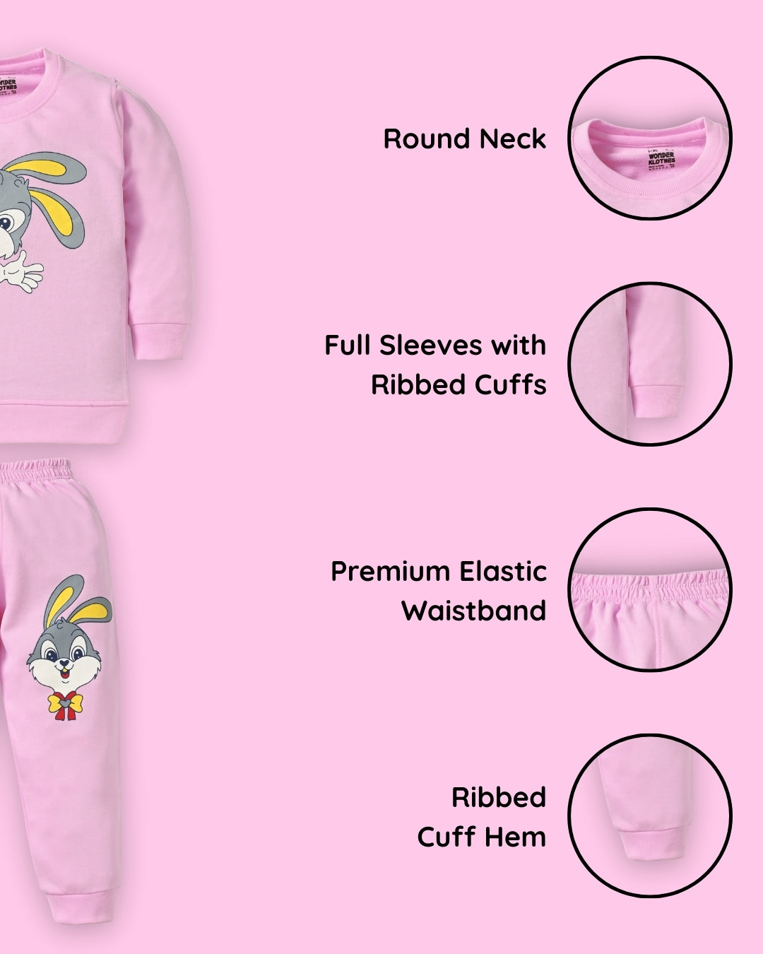 Rabbit Full Sleeves Sweatshirt and Joggers Set | Pink