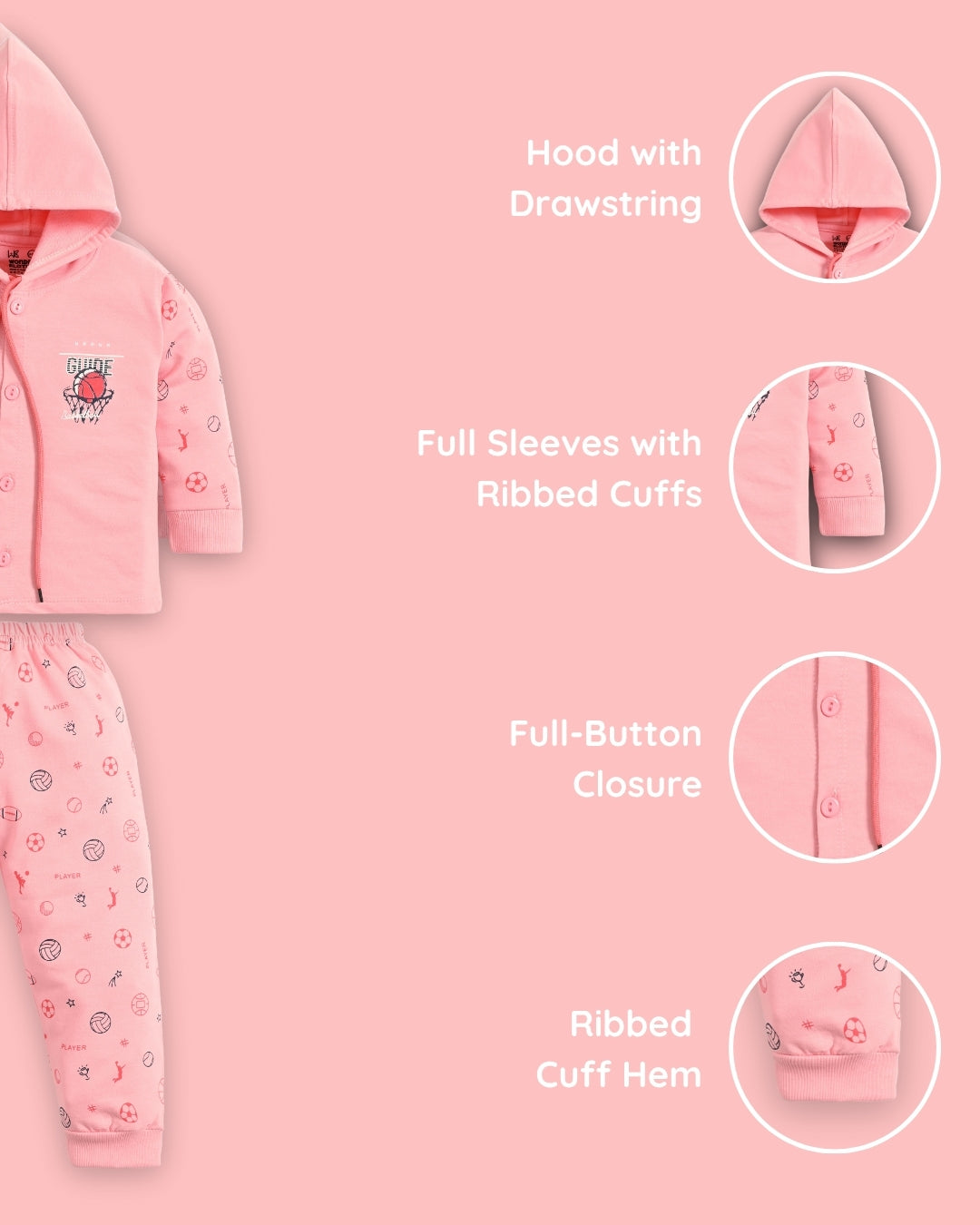 Basketball Full Sleeves Front Open Hooded Sweatshirt & Joggers Set | Pink