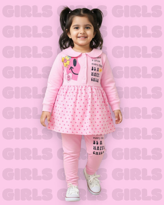 Smiley Child Full Sleeves Front Open Frock and Joggers Set | Pink