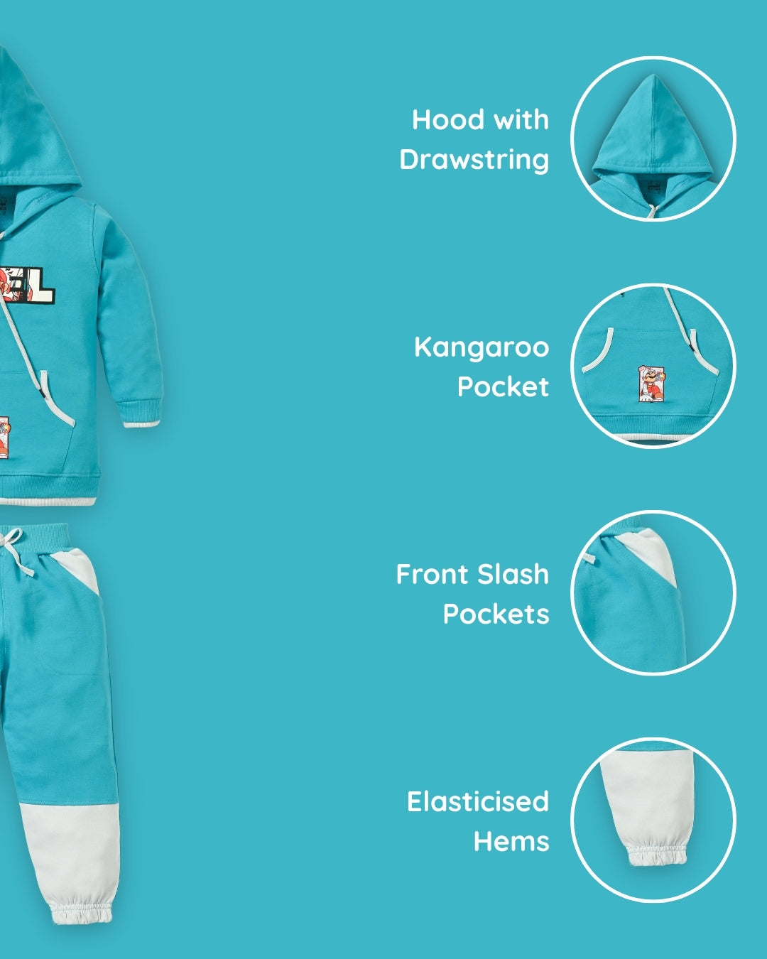 Fuel Mario Full Sleeves Hooded Sweatshirt with Pocket and Joggers Set | Blue
