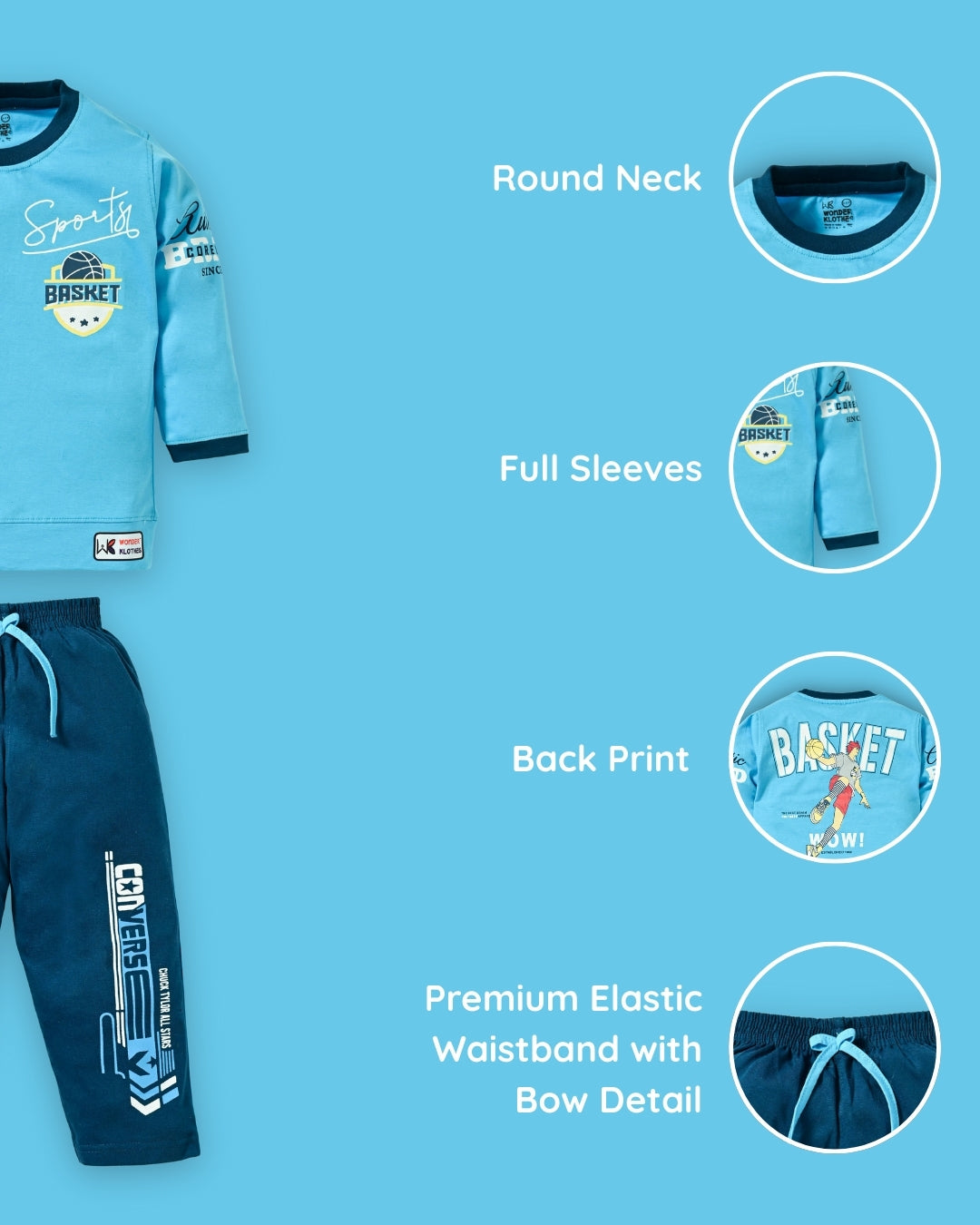Sports Basket Full Sleeves Back Print T-Shirt and Pyjama Set | Blue