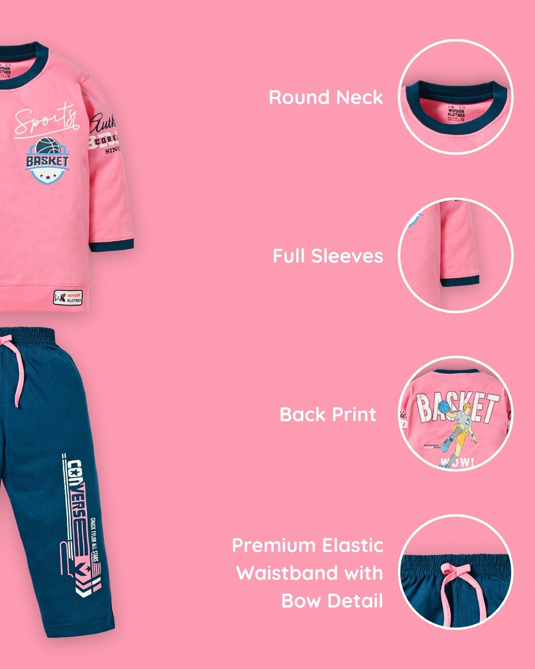 Sports Basket Full Sleeves Back Print T-Shirt and Pyjama Set | Pink