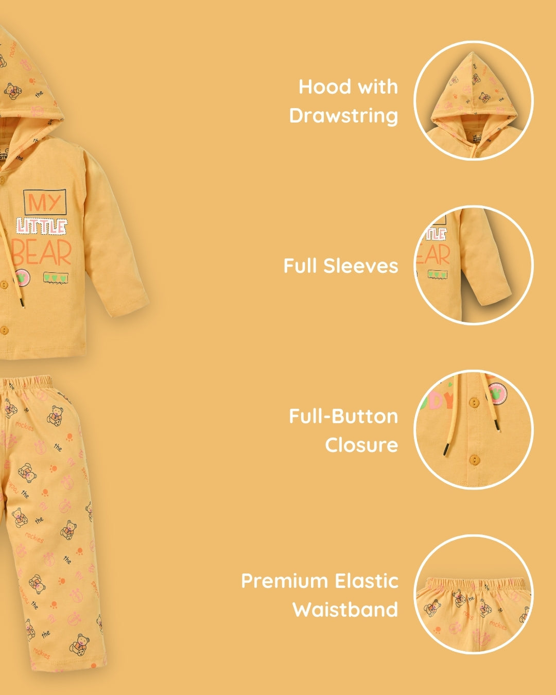 Little Bear Full Sleeves Front Open Hooded T-Shirt & Pyjama Set | Yellow