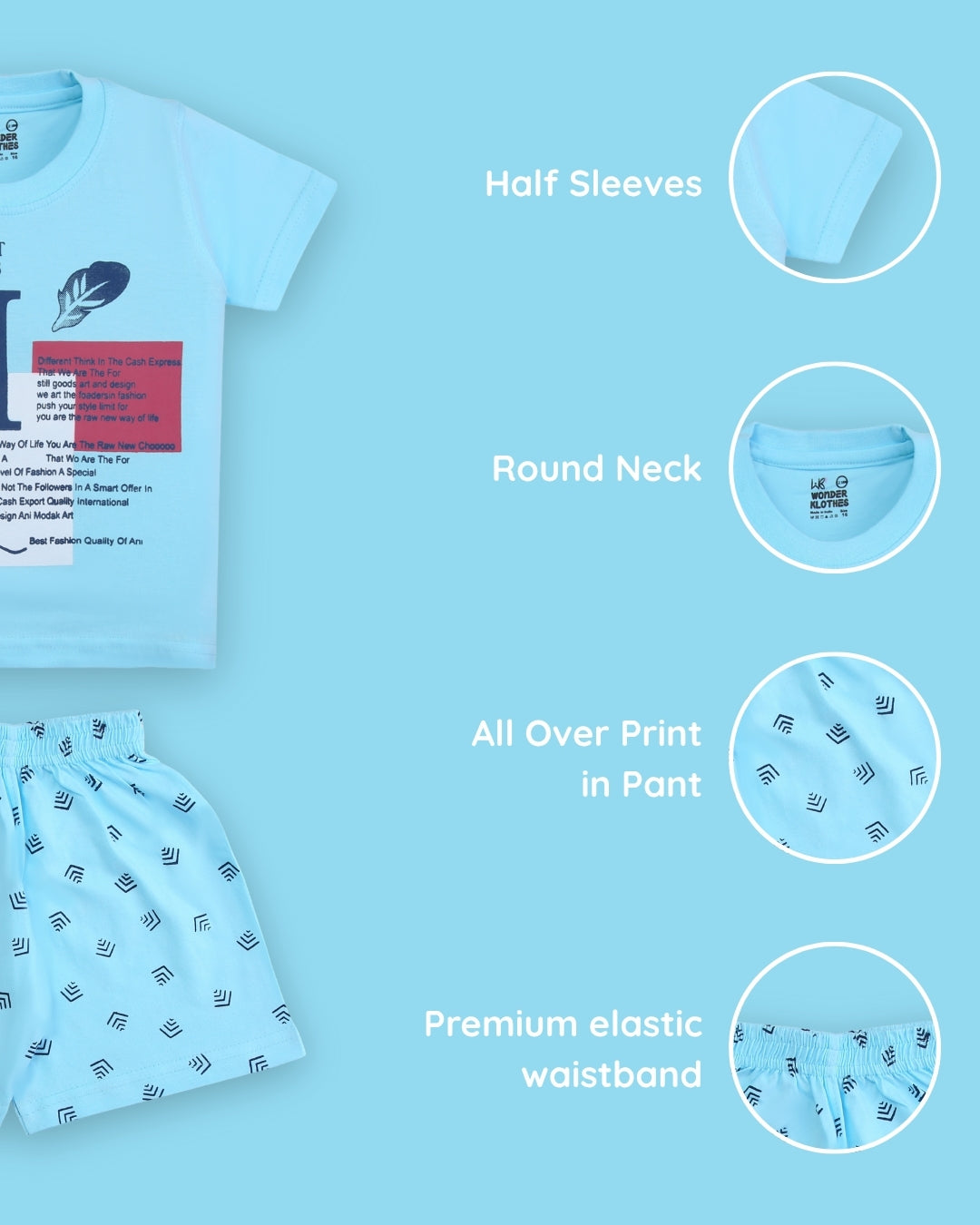 Feather Half Sleeves T-Shirt & Half Pant Set | Blue