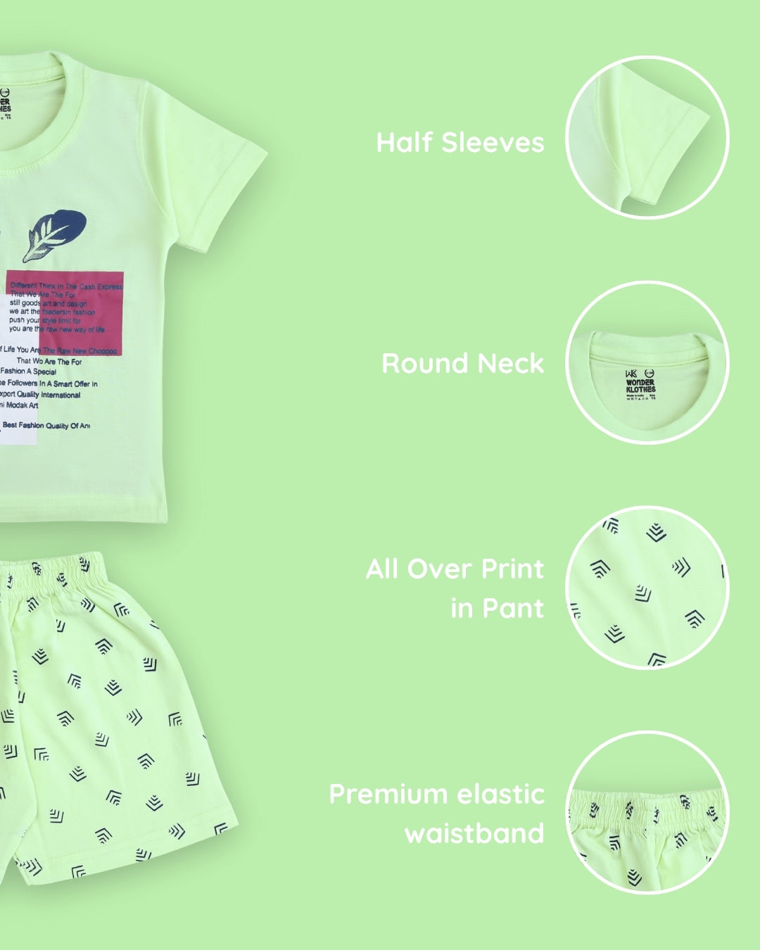 Feather Half Sleeves T-Shirt & Half Pant Set | Green