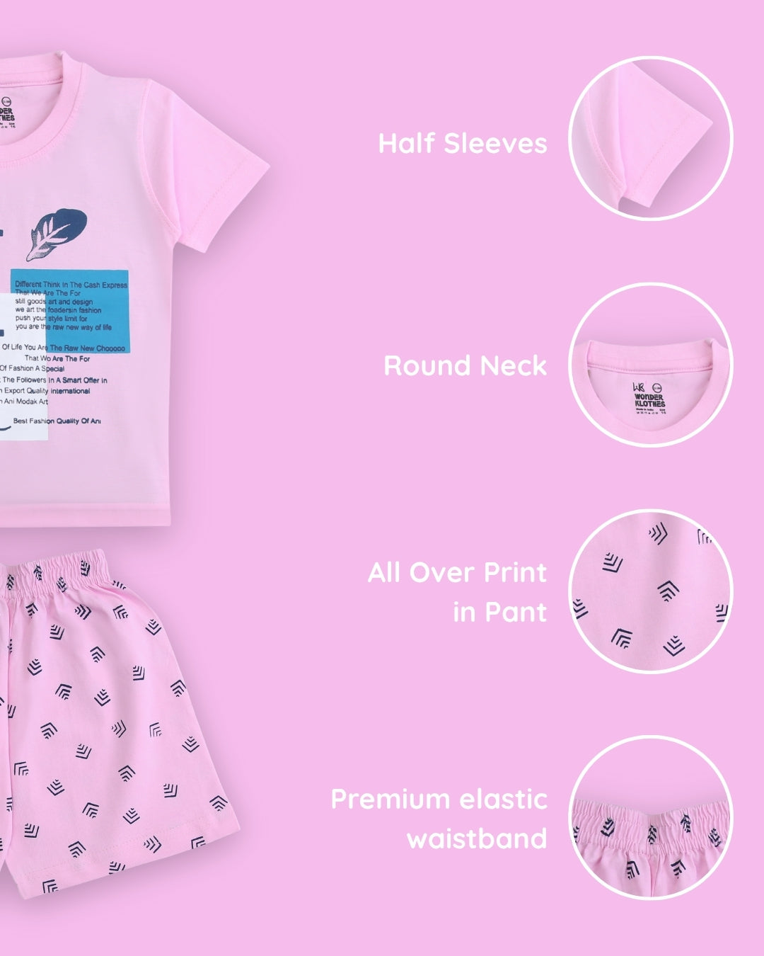 Feather Half Sleeves T-Shirt & Half Pant Set | Pink