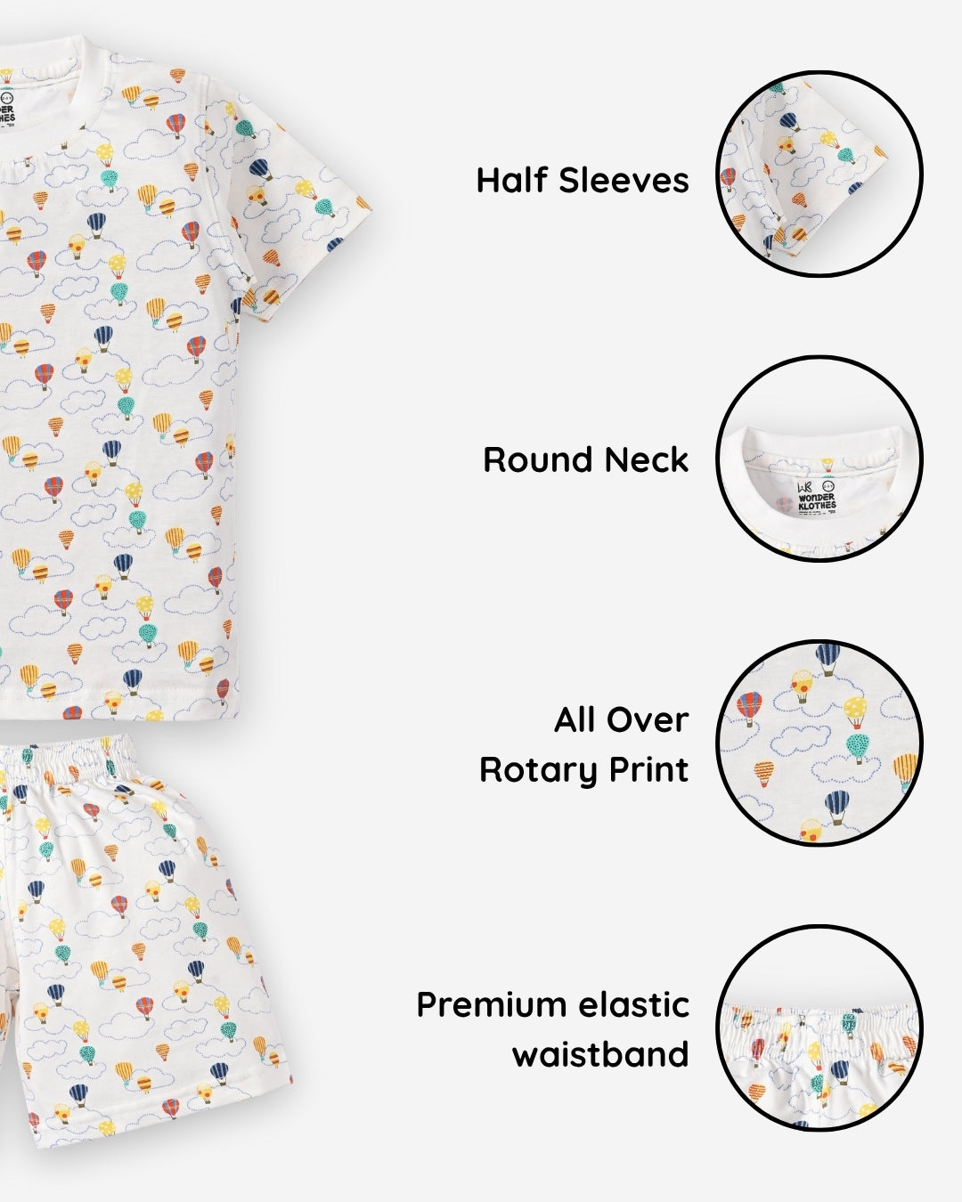 Moon Space and Hot Air Balloon Half Sleeves T-Shirt & Half Pant Set | Pack of 2