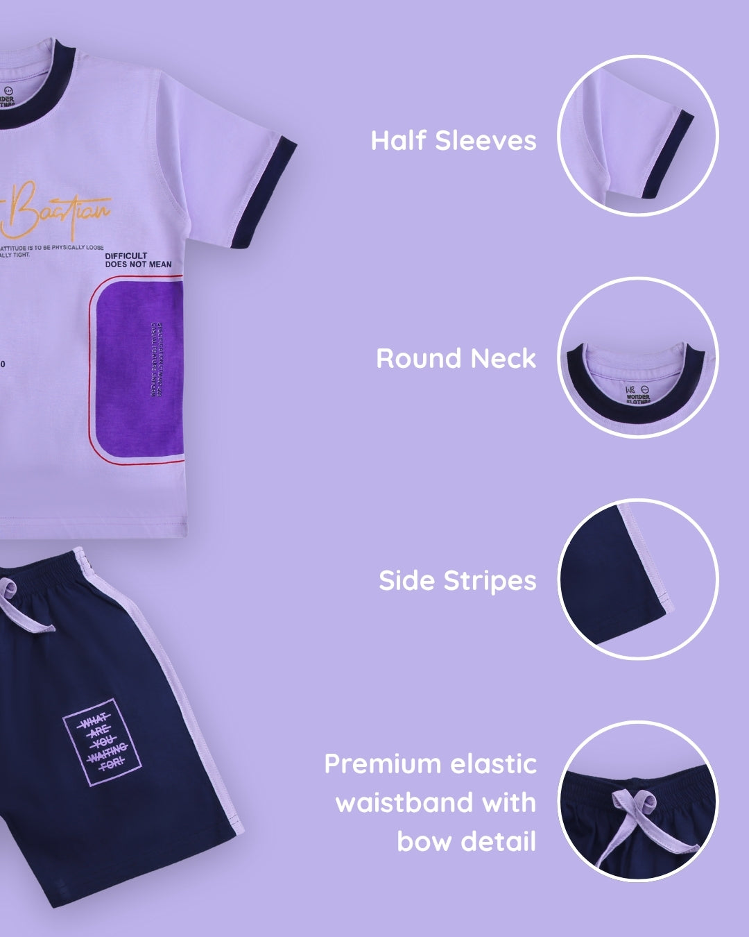 Miftah Half Sleeves T-Shirt & Half Pant Set | Violet