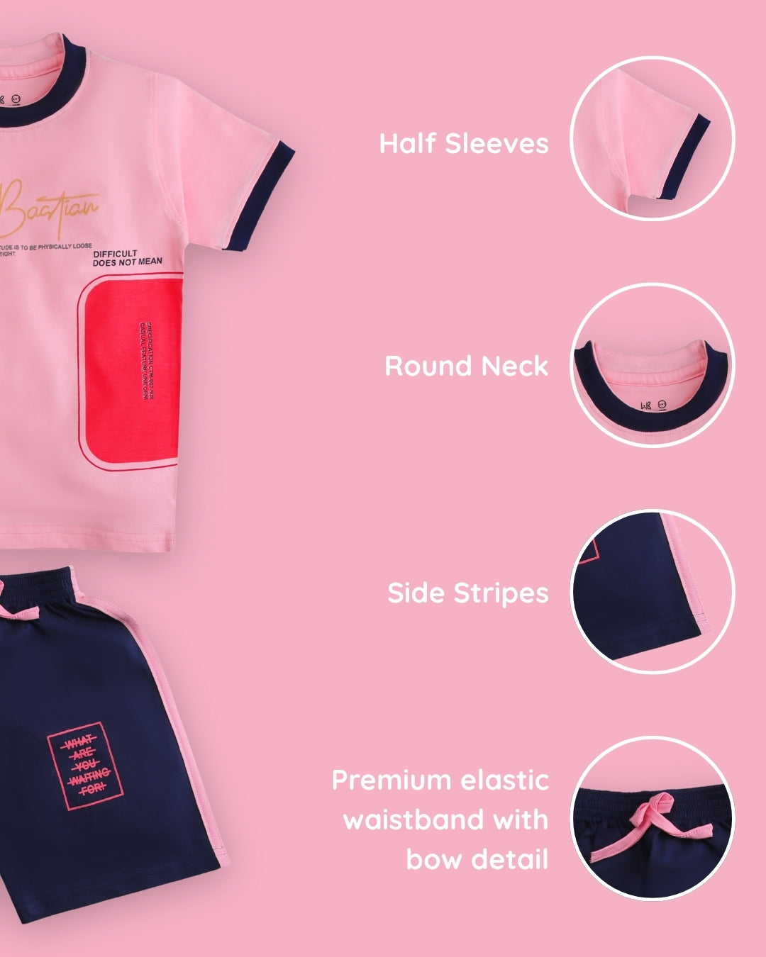 Miftah Half Sleeves T-Shirt & Half Pant Set | Pink