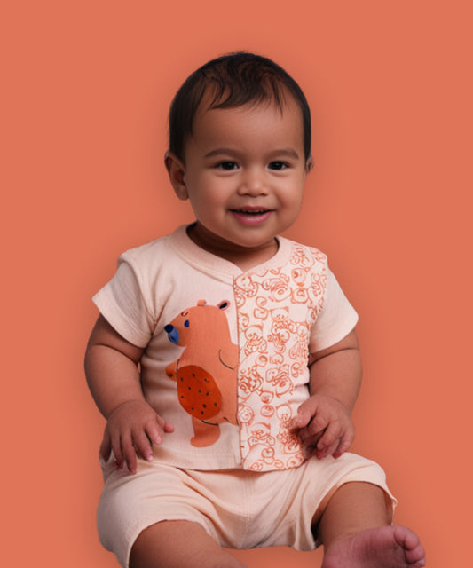 Cute Bear Half Sleeves Front Open T-Shirt & Half Pant Set | Orange