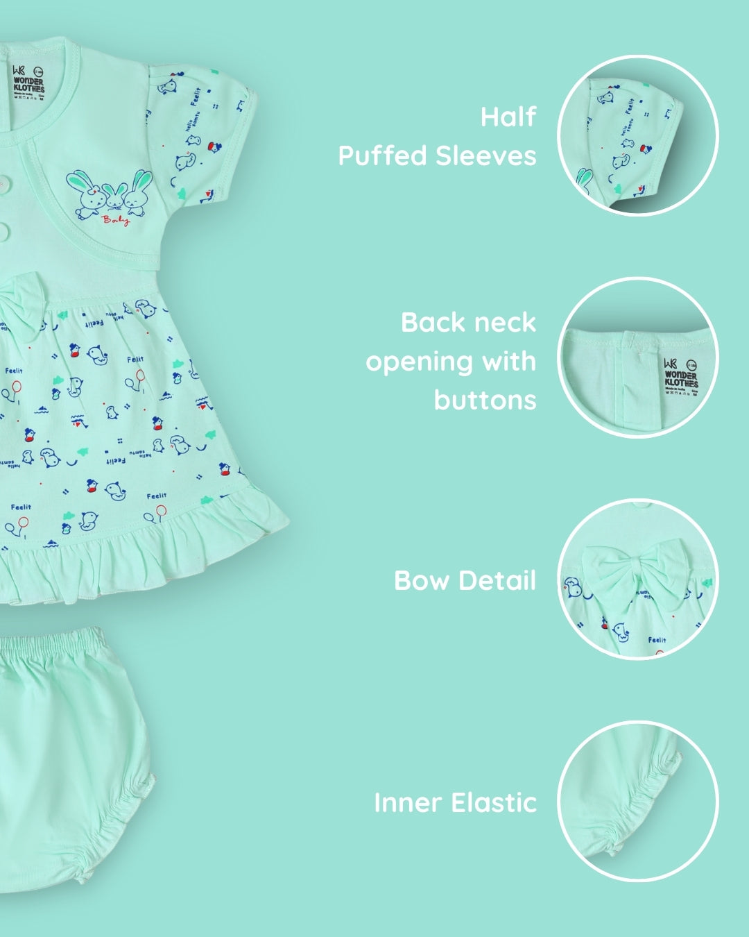 Baby Birds Half Sleeves Frock & Bloomer Pant Set | Green