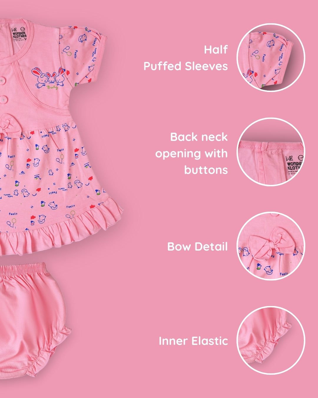 Baby Birds Half Sleeves Frock & Bloomer Pant Set | Pink