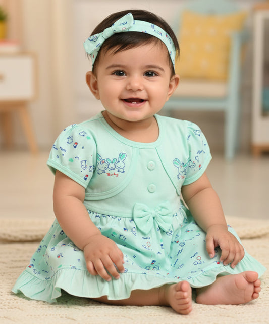 Baby Birds Half Sleeves Frock & Bloomer Pant Set | Green