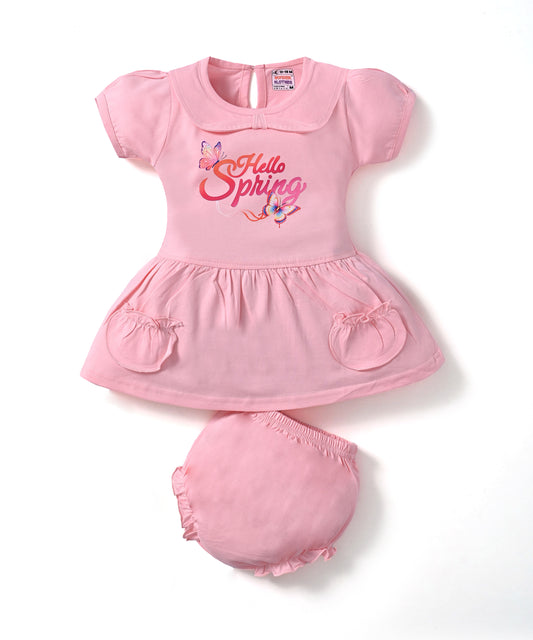 Hello Spring Half Sleeves Frock & Bloomer Pant Set | Pink