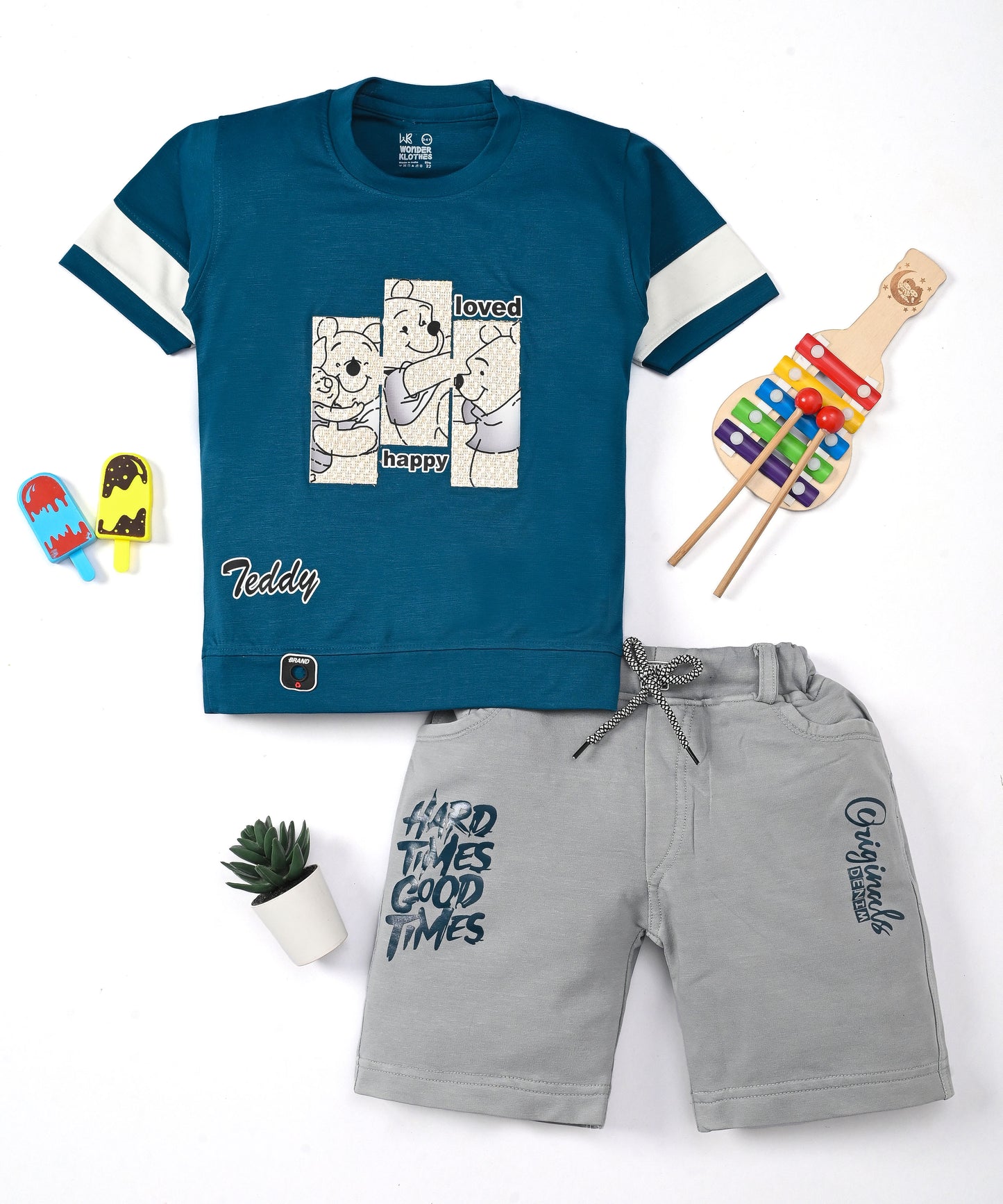 Happy Teddy Premium Half Sleeves T-Shirt & RFD Shorts Set | Blue