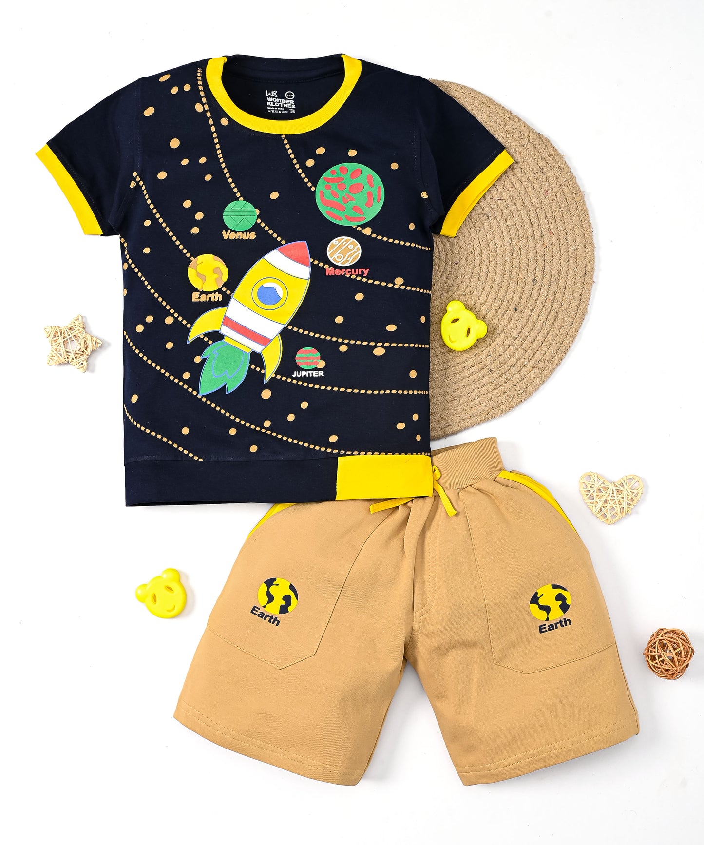 Space Explorer Half Sleeves T-Shirt & Shorts Set | Yellow