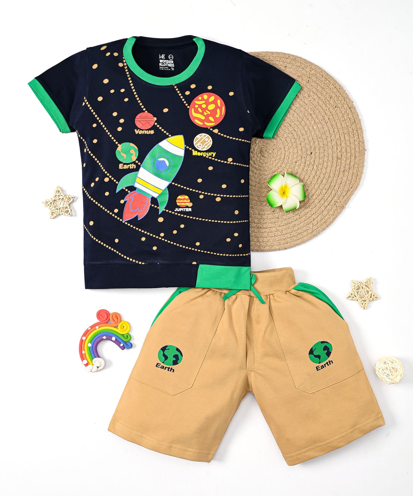 Space Explorer Half Sleeves T-Shirt & Shorts Set | Green