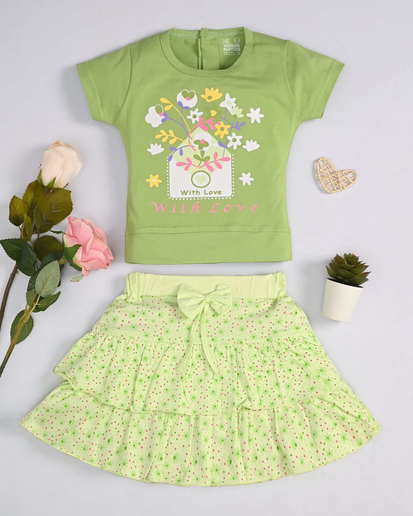 With Love Half Sleeves Top & Skirt Set | Green