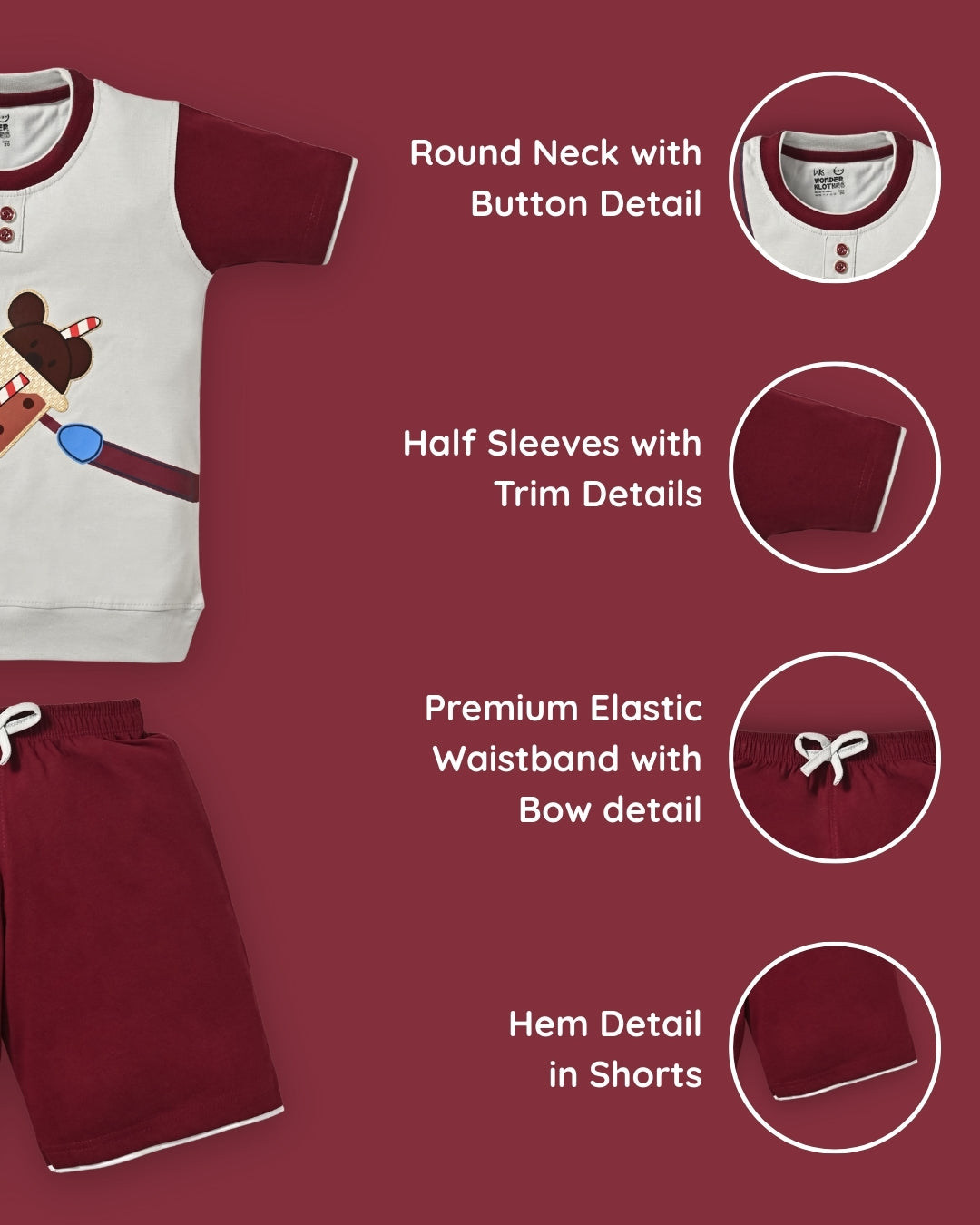 Boba Bear Half Sleeves T-Shirt & Shorts Set | Maroon