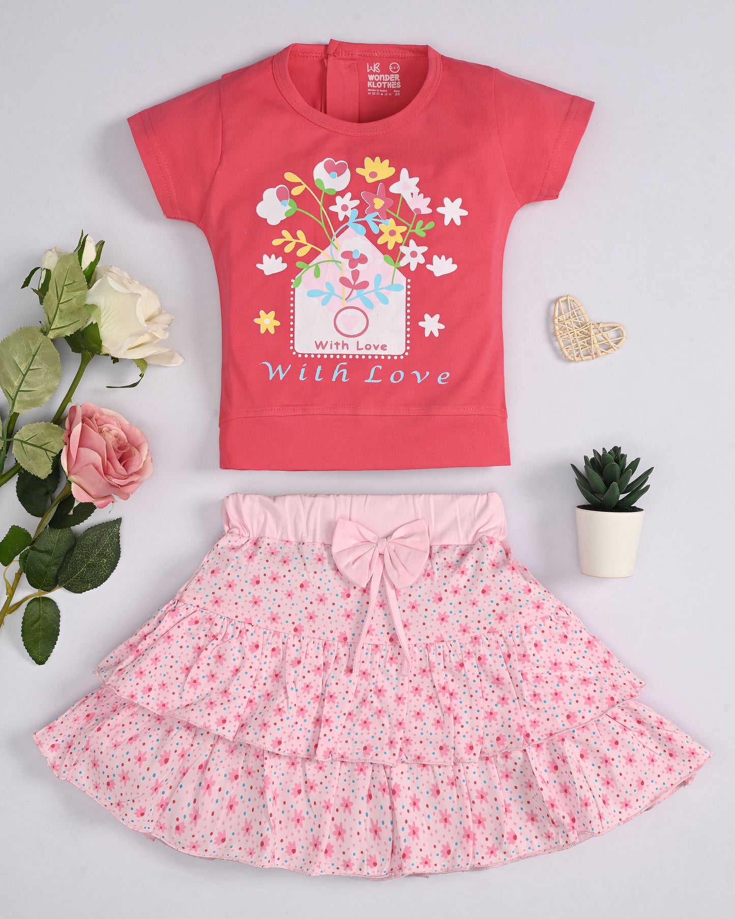With Love Half Sleeves Top & Skirt Set | Pink