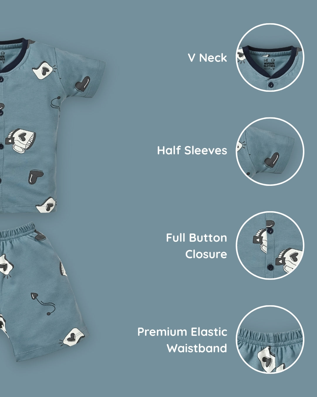Love Mugs Half Sleeves Front Open T-Shirt & Half Pant Set