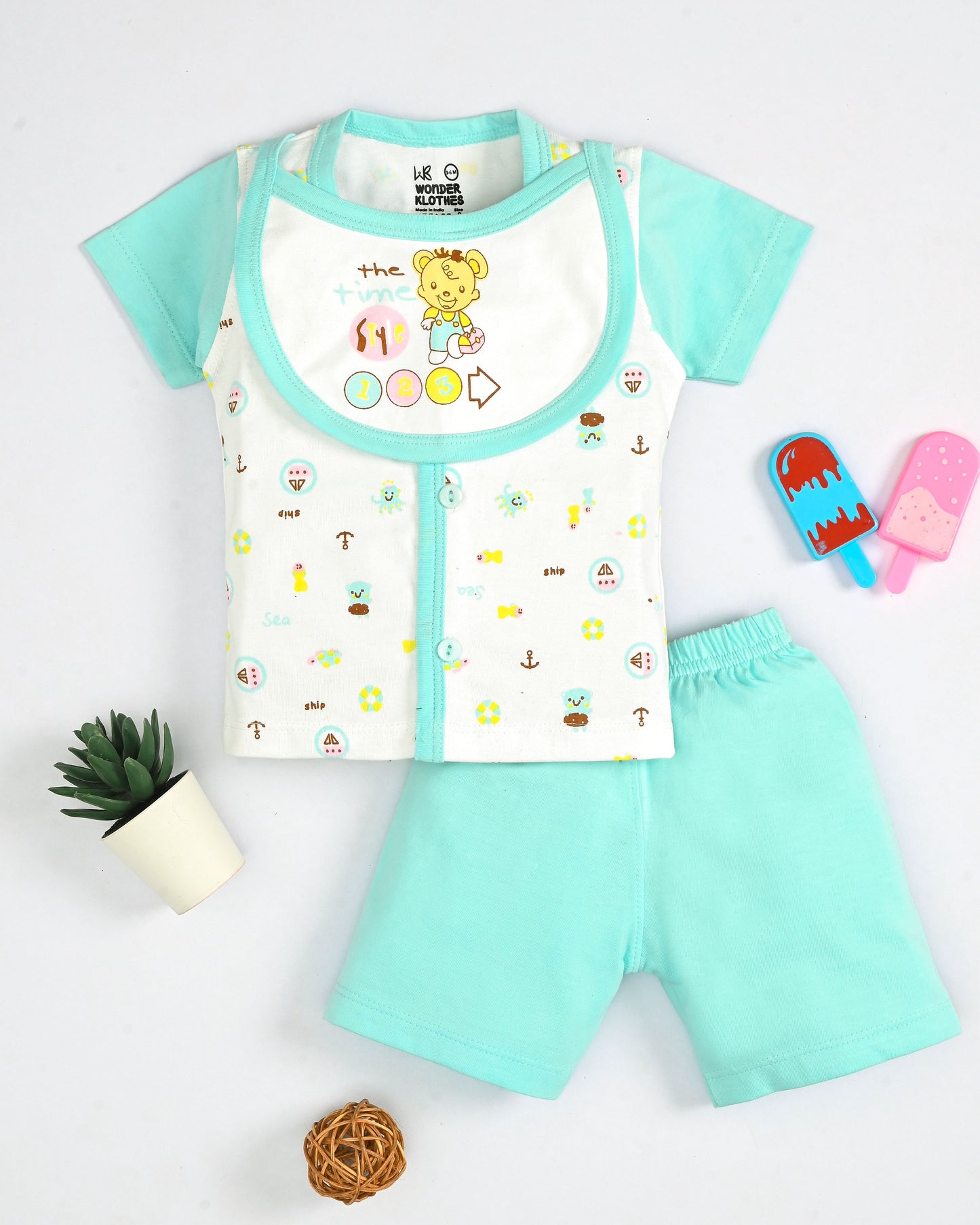 Sea Ship Half Sleeves Front Open T-Shirt & Half Pant Set with Bib | Blue