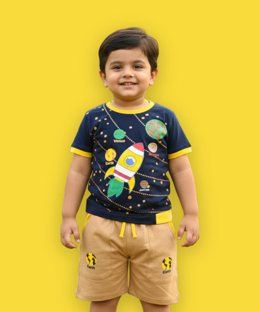 Space Explorer Half Sleeves T-Shirt & Shorts Set | Yellow