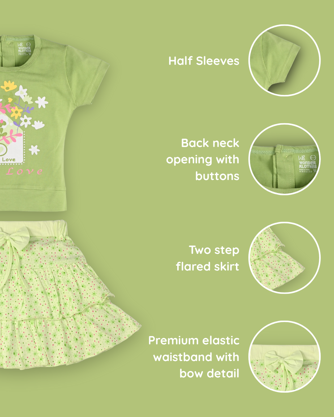 With Love Half Sleeves Top & Skirt Set | Green
