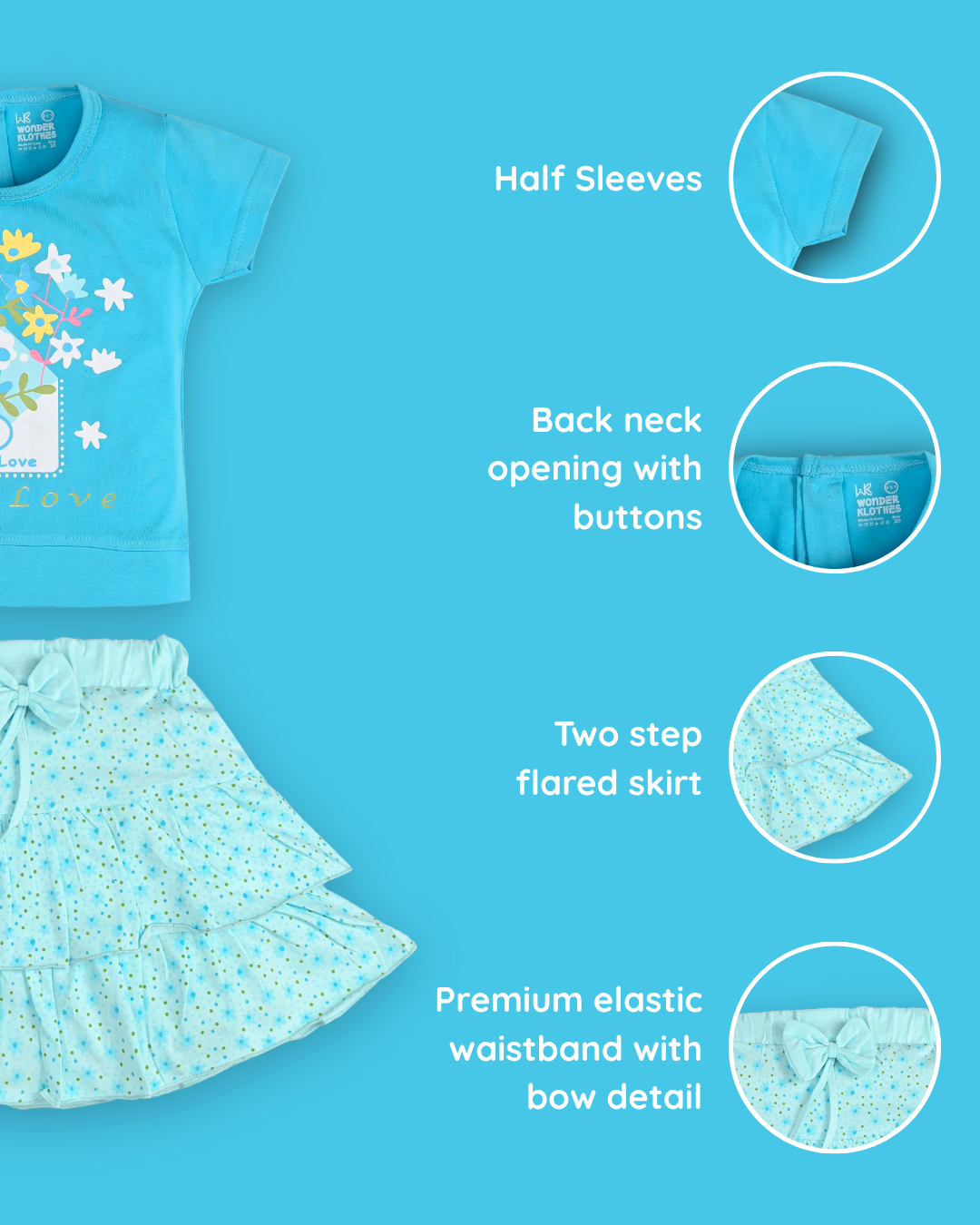 With Love Half Sleeves Top & Skirt Set | Blue