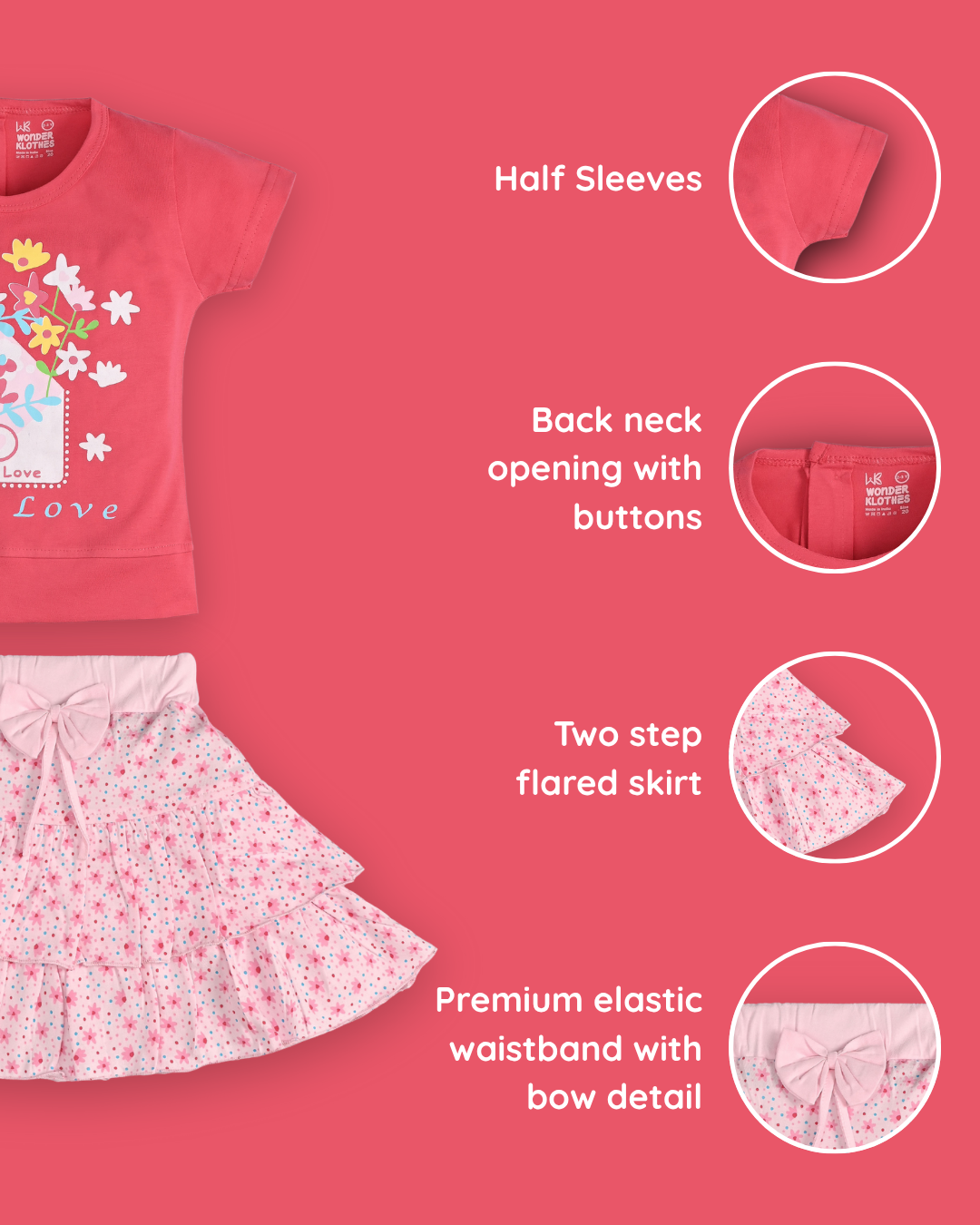 With Love Half Sleeves Top & Skirt Set | Pink
