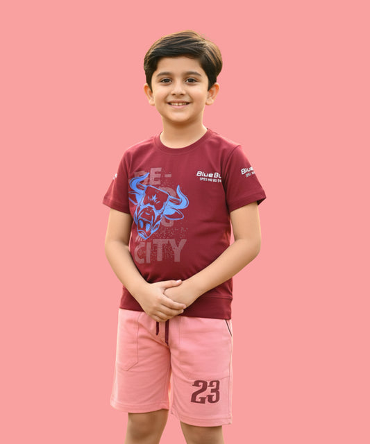 Bulls City Half Sleeves T-Shirt & Shorts Set | Maroon