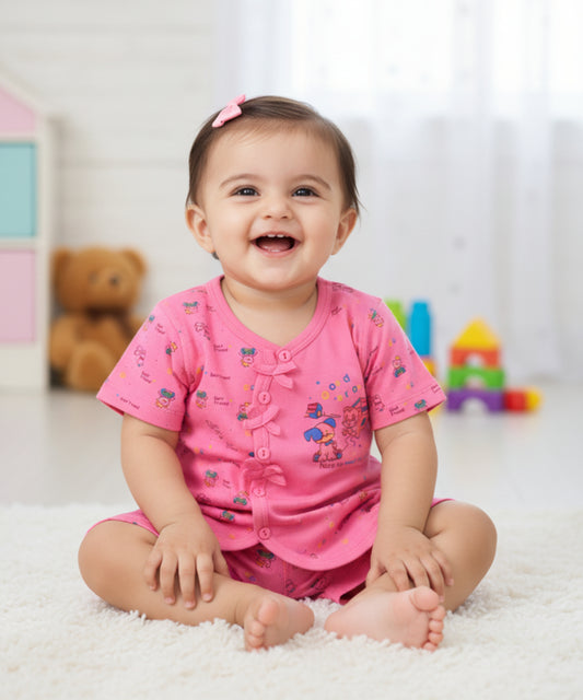 Friends Half Sleeves Front Open T-Shirt & Half Pant Set | Pink