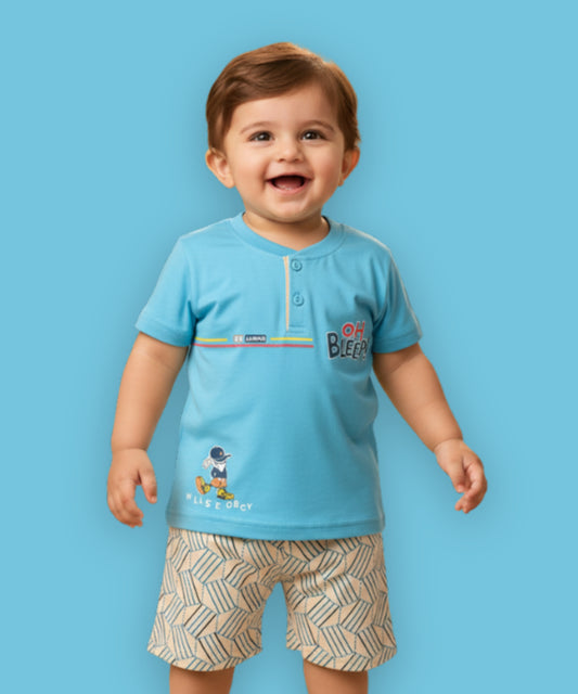 Oh Bleep Half Sleeves T-Shirt & Half Pant Set | Blue