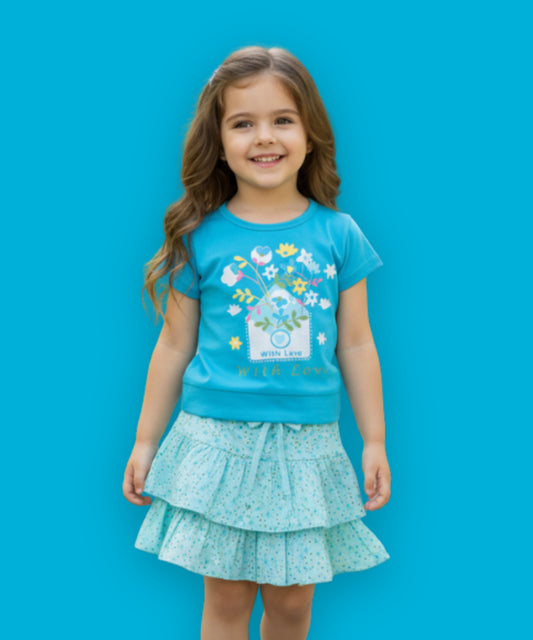 With Love Half Sleeves Top & Skirt Set | Blue