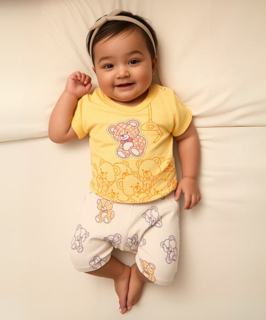 Teddy Bear Half Sleeves Shoulder Open T-Shirt & Half Pant Set | Yellow