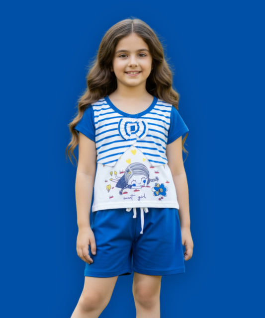 Sweet Girl Half Sleeves Top & Hot Pant Set | Blue