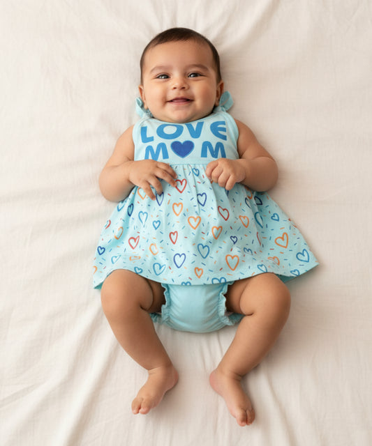 Love Mom Bandhani Straps Frock & Bloomer Pant Set | Green & Blue | Pack of 2