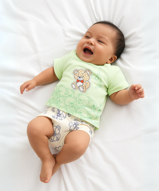 Teddy Bear Half Sleeves Shoulder Open T-Shirt & Half Pant Set | Green